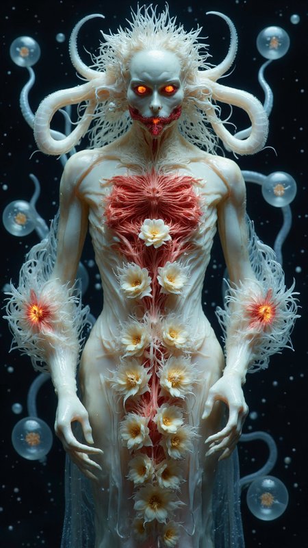 4byss,  merging two aspects of deep-sea metamorphosis: one of haunting anatomical transformation and another of ethereal beauty. The composition depicts a dual-natured being in a dark aquatic void dotted with bioluminescent spheres and floating moon jellies.
The front view reveals a grotesque yet mesmerizing figure with porcelain-white skin that appears to be unraveling into thousands of delicate filaments. Its face, crowned with flowing white hair, emerges from a translucent bell-like dome, while its torso splits open to reveal intricate internal structures in crimson and ivory, suggesting both marine anatomy and blooming flowers. Segmented, crystalline tentacles curl around its form like ribcages made of living glass.
The reverse view shows a more elegant transformation, with the figure's spine blooming into a vertical array of sea anemone-like flowers, their centers glowing with warm coral-pink light. Each bloom's tentacles wave gently like underwater flora, creating a living spinal column of bioluminescent flowers. Translucent tentacles curve outward from either side like wings made of living mercury, their surfaces reflecting the scattered moonlight from above.
The figure wears a diaphanous dress that dissolves into trailing tendrils, blurring the line between fabric and flesh. The entire scene is immersed in a deep marine blue atmosphere, with particles of light drifting like marine snow, creating an environment that exists somewhere between the ocean's deepest trenches and a fever dream.
The overall effect suggests a being caught between beauty and horror, transformation and disintegration, with elements that simultaneously evoke deep-sea creatures, blooming flowers, and anatomical structures, all rendered in an unsettling yet captivating style that challenges the boundary between the grotesque and the sublime