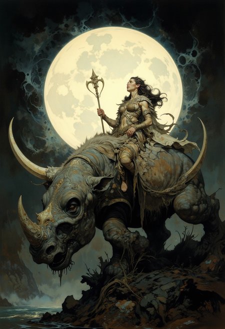 score_9, score_8_up, score_7_up, 8k high quality digital painting, masterpiece, very detailed, ultra realistic, (best quality) very detailed epic masterpiece, boris vallejo style, frank frazetta style, realistic oil painting, retro artstyle, full body, side view, backlight, we see a primeval muscular cave-man in fur clothing riding on a mstodon-like rhino-like monster, the monster has long fur hair, night, big full moon at the center of the picture, backlight, swampy landscape, fairytale-like, realistic detailed oil painting style Rembrandt style, Vermeer style, Dungeons and dragons atmosphere, heroic fantasy, realistic, realism, full body