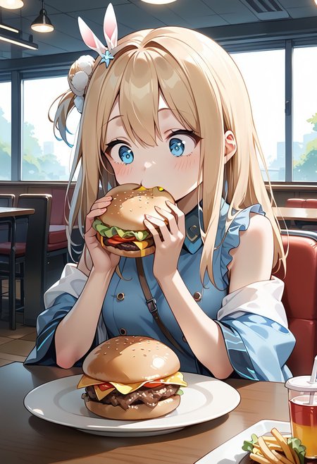 score_9, score_8_up, score_7_up, score_6_up, score_5_up, score_4_up, detailed eyes, detailed skin, source_anime, source_anime, masterpeice, best quality, very aesthetic, absurdres, BREAK 
<lora:suomi-loss0.975:1>,suomi (girls' frontline),1girl,blue eyes,blonde hair,suomi-normal, BREAK, inside, cafeteria, table, chair, BREAK, sitting, burger, eating burger, burger malfunction, shocked,