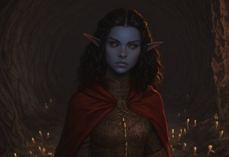 solo, short pointy ears, piercings, nord woman, random elf face, aquiline features, dark elf, weathered skin, large nose, animated realism, zoomed out, Syrian features, torso, subterranean, glowing mushrooms, mushroom forest, cave enviroment, large cavern, gloomy lighting, ancient ruins, interior, dark soil floor ,grey-blue skin, scarlet and gold clothes, medium armor, bone plate armor, ivory straps and fittings, grey wood neckguard, dark red sclera, black pupils, distant mushroom forest, blue-green light, neon, highly detailed, defined features, looking at viewer, three quarters view, from above, dynamic lighting, 36 years old, light and shadows, patterned cloth, determined expression, expressive eyes, detailed medieval clothes, medium_breasts, medium hair, wavy hair, thick hair, beaded hair, braided hair, under cut hair, semirealistic, alien elf, spanish features, jewish features, black hair, dark red hair, umber skin, sharp features, red persian print cloak, nighttime, high detail, absurdres, pretty eyes, detailed eyes, yellow eyes,