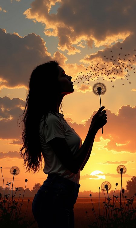 Silhouette of a woman blowing dandelion seeds against a sunset sky. 
The woman is seen from the mid-chest up, in profile view, her back to the viewer.  Her long dark hair falls down her back.  She is gazing upward, and the silhouette suggests a relaxed, almost contemplative posture.  She appears to be holding a cluster of dry, light-colored seed heads, possibly dandelions, gently blowing them into the air.
The sky is a mix of various shades of orange and yellow, from the warm lighting of the setting or rising sun, intermingled with gray and white clouds; the light flares and streaks around the woman and the sun's position. The sun is partially visible through the clouds. The woman's clothing and the surrounding landscape are completely shadowed, focusing the viewer's attention on her silhouette and the sky.
<lora:FLUX-daubrez-DB4RZ-v2:1> DB4RZ, DB4RZ style painting