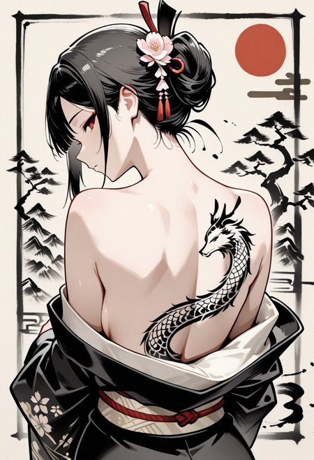 masterpiece,best quality,amazing quality,newest,absurdres,highres, newest,very awa, ,sumi-e ,ink wash painting,
from behind, upper body,
1girl, beautiful face, perfect eyes, detailed eyes,mature female,
black hair,straight hair, blunt bang,updo,
red eyes,looking at viewer, 
dragon tattoo,cherry blossom,tsumami kanzashi, ิblack kimono,kimono pull ,neck focus,
,intricate details, dark background, (painting background:1.4),(red sun),egasumi ,ink stroke, (calligraphy:1.5) ,tree