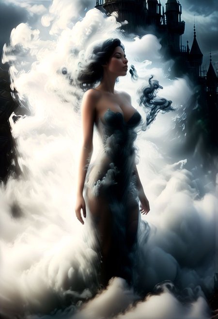 smoke, a gas in the form of a woman made of fog misting into a glass bottle, inside glass bottle black and white swirl  smoke rises from inside bottle into swirling form of woman, womans body is made of translucent shimmering black resin, bright black sparkling hair with white highlights, full body, masterpeice, fluid, flora, muted colors, smooth, luxurious, extremely detailed, crystal effect, single light source, light source from behind, light shining through translucent glass bottle, light shining through translucent black gas nude woman, cloud skin, mad-abvthclds, clouds, in the sky, castle