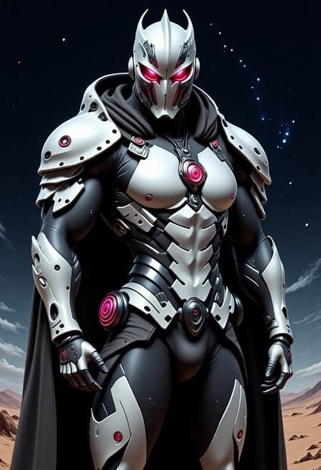 Space Ranger, Futuristic Tactical Armor, High-Tech Bow, Weathered Cloak, Starry Sky, Alien Landscape, Distant Planets, Glowing Tech Symbols, Cosmic Backdrop, Focused, Expression, Battle-Hardened, Mysterious Atmosphere, White and Red armor