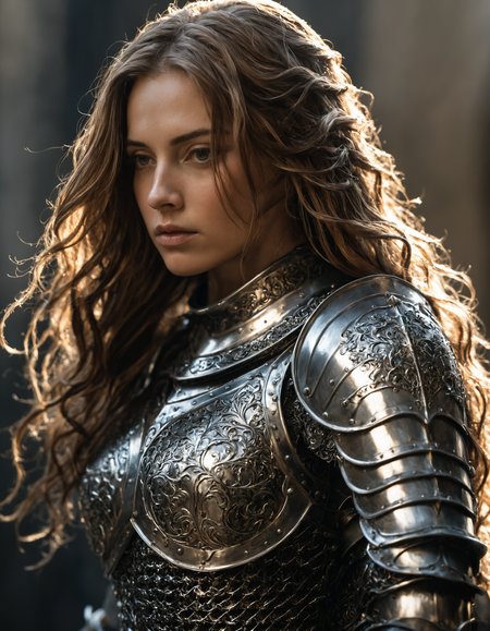 Mysterious armored female  knight, with flowing hair and intricate armor, bathed in soft, ambient light.
Turning slightly to the side, with a somber expression.
Realistic shadows cast by the armor, adding depth.High clarity on the figure, with a soft focus on the background.
Low side shot, focusing on the lower half of the figure.