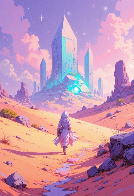 masterpiece, high-quality, pastel anime style â A lone traveler wanders across shifting dunes of peach-tinted sand under a gentle lilac sky. In the distance, crystalline structures shimmer like an otherworldly mirage, their surfaces reflecting mint and lavender highlights. The travelerâs outfitâflowing robes and a veiled hoodâflutters in a soft pastel breeze, revealing a determined gaze beneath. Scattered star-like particles glint in the sand, creating a hyperdetailed, magical desert vibe, <lora:FLUX\Anime v1.3:0.5> <lora:FLUX\EmberveilV3:0.8>