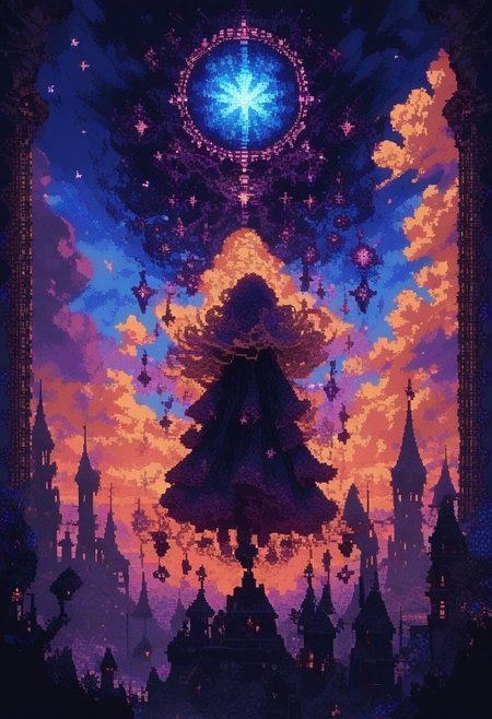 score_9, score_8_up, score_7_up, ethereal pixel art, (dreamy:1.3) landscape, (soft glow:1.2), whimsical creatures, vibrant colors, floating islands, starry sky, intricate details, serene atmosphere, by (Yoshitaka Amano:1.4), enchanting mood. d3p1x3l, pixel art,