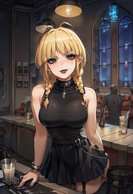 Score_9,score_8_up,score_7_up,score_6_up,source_anime,detail,1girl,solo,neon glow,BREAK
(ruined makeup:1.3),BREAK
GothicC, makeup, lipstick, mascara, black nails, tattoo, black lips, wide lips,  BREAK
akzkrtk,long hair, (blonde hair),(twin braid,bangs:1.1), antenna hair,((no glasses)),brown eyes, BREAK 
(the whole body is sweaty:1.2), (steam on the body),((jet-black skin)),  BREAK
(indoors:1.1),(night:1.4),(cowboy shot:1.2), Dutch Angle Shot, (dynamic angle:1.2), (dynamic pose:1.2), face focus, eyes focus, (sitting, beside Bar counter,), smoking,    BREAK
ruanyi0729,indoors,bar \(place\), BREAK
ruanyi1005,backless dress,black dress,sleeveless,turtleneck,short dress,tight dress,cross-laced clothes, BREAK
Expressiveh,horny face,((seduce)),seduce smile, mouth close, BREAK
OverallDetail,Frontlight,
