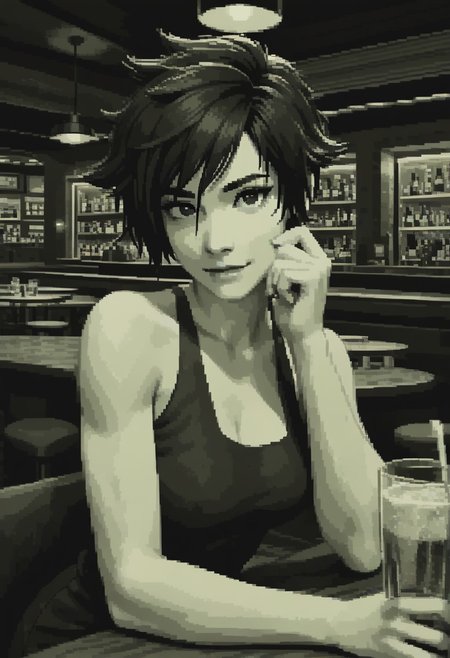 score_9, score_8_up, 
green theme, monochrome, pixel, bold lines, flat colors,
beautiful, restaurant, bar, modern,
looking at viewer, pretty eyes, Expressiveh, 
dark eyebrows, medium breasts,
tomboy, date night