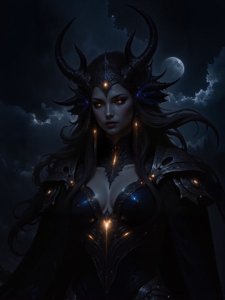 a highly detailed, masterful digital portrait painting of the stunning and majestic night goddess nyx with glowing amber eyes, set in a dark fantasy world under a brooding, cloudy night sky, the clouds are dark and dramatic, swirling with an ominous energy, her pale skin glows softly in the dim moonlight, highlighting her regal and ethereal beauty, she has long, flowing black hair cascading in elegant waves, adorned with intricate, symmetrical patterns of black, blue, and gold embellishing her ornate headpiece and armor. her face is perfectly framed by luxurious, masterfully crafted jewelry, delicate and shimmering with silver and gold accents, she wears an opulent dark blue velvet gown that drapes gracefully over her form, its silver and gold embroidery catching faint light, her armor is intricate and heavily detailed, featuring ornate, swirling designs that add an air of power and mystique, the lighting is soft and moody, like pale moonlight, focusing on her serene face and creating an atmospheric glow that contrasts beautifully with the dark background. the camera angle is low, emphasizing her commanding, otherworldly presence, her dreamy yet powerful expression is magnetic, and her glowing amber eyes—her most striking feature—radiate a faint golden light, contrasting vividly with her dark hair and subtle makeup, the makeup, though understated, highlights her mesmerizing eyes and soft, full lips, enhancing the sense of elegance and mystery. the background features a subtle gradient of deep blues and blacks, complementing the goddess's dark, gothic aesthetic, the atmosphere is moody and textured, with an emphasis on the interplay of light and shadow, the overall color palette leans toward cool, dark tones—deep blues, blacks, and golds—evoking a sense of majesty, power, and timeless beauty, the attention to texture and detail throughout the composition heightens the realism and adds depth to the painting, creating a scene that feels both elegant and otherworldly, zhongfenghuastyle, amanoer, <lora:style-zhong_feng_hua-flux-by_showevr:0.68> <lora:style-fantasy_and_scify-flux-by_artifyai:0.68> <lora:epic_gorgeous_details-character-flux-by_flyway:0.44> <lora:style-yoshitaka_amano-elden_ring-flux-by_alicient:0.56> <lora:style-midjourney_lucid_dreams-flux-by_kawaiikitsuneai:0.24>