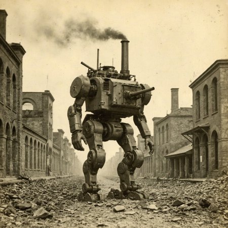 An aged worn sepia monochrome 1800s photograph of a steam powered mecha, turret with canon, walking robot, smokestacks up top, thick black smoke, walking through a war-damaged city,