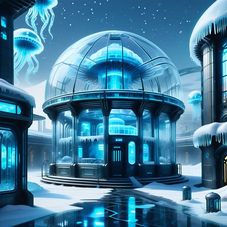 hyper detailed masterpiece, dynamic realistic digital art, awesome quality,DonMFr0stP4nkXL hospitals, composite materials,clay tiles roof,slate,composite materials, bioluminescent jellyfish, string lights (fairy lights),snow, ice  <lora:DonMFr0stP4nkXL-000006:1>