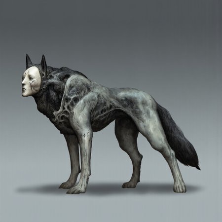 MikeFranchinastyle, berserk style, Surreal art, d4artstyle, d4concept, , made of clay, Kentaro Miura, ZBClay model of a gray sculpture
Set against a solid color background to emphasize its unnatural form and grotesque eerie and unsettling anatomy that emphasizes its silhouette.
The medium is not a traditional painting or illustrative medium like watercolor or ink but rather a digital 3D rendering.
 A surreal, unsettling creature with a wolf-like body and an eerie, porcelain mask for a face, blending animalistic and uncanny characteristics. Its body is covered in thick, textured fur, black and deeply shadowed, giving it a dark, mysterious aura. The fur transitions sharply to smooth, pale limbs that resemble the white, unblemished surface of porcelain, contrasting starkly with the dark fur. Its face is a blank, emotionless white mask, with hollow, black eyes that convey an unsettling gaze and tiny, delicate cracks scattered across the surface. Black lines, as if ink or tears, streak down from the mask’s eyes and mouth, adding a sense of sorrow or haunting symbolism. The creature’s posture is contorted, with its head twisted at an unusual angle, suggesting both curiosity and a disturbing awareness. A long, curled tail completes its form, adding an eerie elegance. Hyper-detailed, focusing on the contrast between fur and smooth porcelain, the unsettling expression, and intricate textures, with no background.