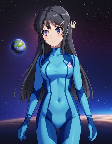score_9, score_8_up, score_7_up, source_anime, maisakurajima, <lora:mai-sakurajima-s1-ponyxl-lora-nochekaiser:1> mai sakurajima, long hair, bangs, black hair, hair ornament, purple eyes, hairclip, rabbit hair ornament,, <lora:samus-aran-cosplay-ponyxl-lora-nochekaiser:1>, samusarancosplay, samus aran \(cosplay\), blue bodysuit, bodysuit, covered navel, skin tight, zero suit,, space, planet, earth \(planet\), star \(sky\), galaxy, nebula, moon, blush, smile,, cowboy shot, dutch angle, solo,