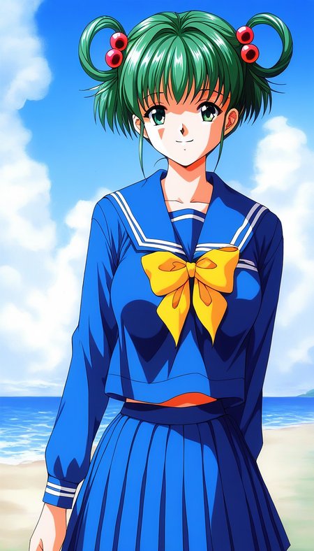 score_9, score_8_up, score_7_up, source_anime, rating_explicit, BREAK  <lora:Tatebayashi_Miharu_XL:1> TatebayashiMiharu, hair rings, hair ornament, hair bobbles, green hair, bangs, short hair, green eyes, medium breasts, 
solo, school uniform, skirt, long sleeves, pleated skirt, 1990s (style), blue skirt, serafuku, yellow bow, smile, 
looking at viewer, bow, sailor collar, standing, shirt, blue sailor collar,
outdoor, day, sky,
