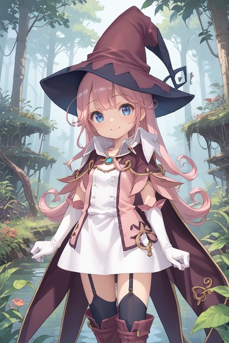 score_9, score_8_up, score_7_up, score_6_up, source_anime, BREAK, <lora:Pamela:0.85> pamdef, 1girl, pink hair, long hair, blue eyes, witch hat, white skirt, witch outfit, white elbow gloves, cape, black zettai ryouiki, thighhighs, garter straps, boots, cowboy shot, looking at viewer, smile, happy, scenery, exterior, outdoors, forest, jungle,  <lora:backgroundsetXL:0.3> , background,