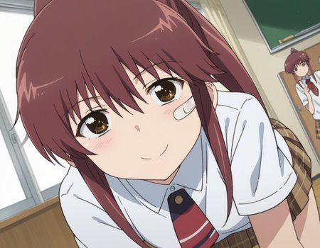 score_9, score_8_up, score_7_up, source_anime,
rikosuminoe, <lora:riko-suminoe-ova-ponyxl-lora-nochekaiser:1>,
riko suminoe, long hair, brown hair, brown eyes, ponytail, bandaid, bandaid on face, sidelocks,
skirt, shirt, school uniform, white shirt, socks, plaid, kneehighs, plaid skirt,
indoors, classroom, smile, bent over,
looking at viewer, dutch angle, cowboy shot,