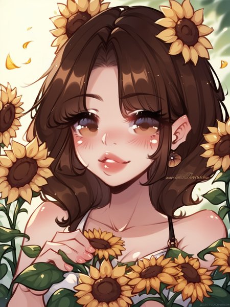 score_9, score_8_up, score_7_up, score_6_up, score_5_up,  <lora:sn0wc4ndymXLP:1> sn0wc4ndym, 1girl, brown hair, sunflower,