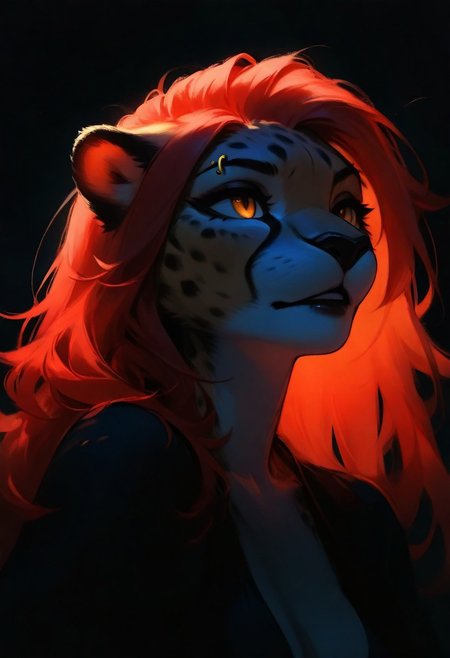 1girl, furry, anthro, cheetah, solo, dark, light, masterpiece, best quality, very aesthetic, close up, red hair, parted lips, looking over shoulder, eyebrow piercing,