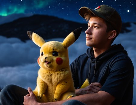 score_9, score_8_up, score_7_up, Close Up, Realism, Realistic looking Pikachu, sitting next to a human, who is a teenage male named Ash his trainer, realistic fur, dark night sky, aurora borealis sky, <lora:Realistic000003_1_2.5DAnime_0.05_Merge1:1>  <lora:HandFineTuning_XL:1> <lora:fix_hands:1>