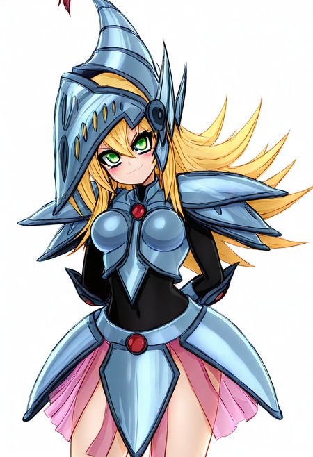 masterpiece, best quality, medium breasts, (curvy),   zzDMGDragonKnight, green eyes, long hair, blonde hair, hair between eyes, armor, helmet,  , <lora:DarkMagicianGirlDragonKnight_NAI:1.0>,, smile, looking at viewer, cowboy shot, leaning forward, hands behind back, smug, head tilt, ,<lora:MantisNAI:0.8>,
