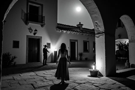 <lora:Mexican Noir Style-flux:1> mxnoirsty, black and white, dark,   The Ghost Ranch (Mexican Gothic Noir, Shot on a 120mm Rolleiflex, Long Shadows & Candlelight for Drama)
An abandoned hacienda stands under a full moon, its grand archways crumbling with age. A woman in a long rebozo walks through the courtyard, the hem of her dress brushing against the stone floor. She carries a candle in one hand, her face illuminated only by its flickering glow. Behind her, the silhouette of a charroâhis hat tilted low, his figure unnervingly stillâstands by the corral, where ghostly horses seem to shimmer in the darkness. Captured with heavy shadows and grainy film texture, the image feels like a lost legend whispered through generations.