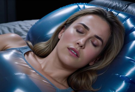 uhd, 8k, ultra detailed, 1woman, lying down to sleep, InflatableAirbag, darker, lights off