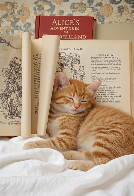 photograph captures a serene and adorable scene of a small, fluffy orange tabby kitten sleeping soundly on a soft, white blanket. The kitten, with its eyes closed and head slightly tilted back, appears to be deeply relaxed and content. Its fur is soft and slightly fluffy, with a mix of orange and cream colors, and its tiny paws are tucked neatly under its body., 
The kitten is positioned in front of an open book, which is partially visible. The book is an old-fashioned hardcover with a red cover, featuring black text and illustrations. The title of the book, "Alice's Adventures in Wonderland, " is clearly visible on the spine. The book's pages are filled with black text and intricate illustrations, suggesting it is a children's classic., 
The background includes a portion of a patterned, light-colored carpet with subtle floral and geometric designs, adding a cozy and homey atmosphere to the scene. The overall mood of the photograph is peaceful and tranquil, emphasizing the innocence and cuteness of the sleeping kitten against the backdrop of a beloved children's storybook., <lora:aidmaImageUpraderv0.3:0.4>, aidmaimageupgrader, <lora:diffusion_pytorch_model:1>, <lora:aidmaMJ6.1_v0.5_3:0.7>, aidmaMJ6.1, ultra quality, ultra detailed, intricate details