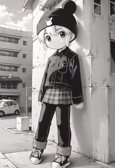 score_8, score_8_up, score_7_up, source_manga, manga_source, monochrome, greyscale, manga BREAK 1girl, female focus, solo, flat chest, usagi_kurokawa, beanie, black headwear, hat ornament, bangs, short hair, sidelocks, denim jacket, black jacket, collared jacket, breast pocket, long sleeves, skirt, pants under skirt, black pants, jeans, sneakers, black footwear, full body, building, outdoor, neighborhood, suburb, monochrome, greyscale, manga