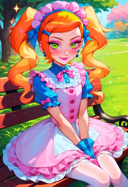 score_9, score_8_up, score_7_up, source_anime , 1girl, gwen tennyson (/Ben10)/, (ultra HD quality details), bright orange hair, pastel hair, long twintails, girly twintails, hair bows, multiple hair bows, very long hair, gradient hair, multicolored hair, pastel streaked hair, masterpiece, best quality, absurdres, 
(pastel theme, lolitafashion:1.2), pastel lolitafashion, sweet lolitadress, pink shiny lolitadress, victorian dress, kawaii, cute, moe, puffy pink dress, petticoat, puffy sleeves, pastel colors, pastel pink, pastel blue, frilled bell skirt, pastel pantyhose, pastel dress, puffy sleeves, gloves, pastel headdress, many bows, multiple bows, ribbons, frills, frilled fabric, center frills, sparkles, glitter, cute lolitashoes,
lipstick, long eyelashes, eyeshadow, eyeliner, mascara, blush, pastel makeup,  
outdoors, nature, park, park bench, 
(solo:1.2), sitting, on bench, full body, dynamic pose, dutch angle, looking at viewer, v arms, half-closed eyes, happy smile, closed mouth,
intricate, highly detailed, majestic, shallow depth of field, movie still, circular polarizer