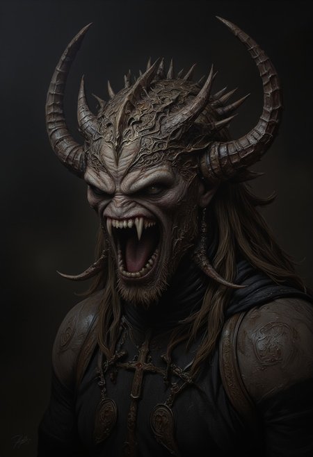the Mokosh is an ancient, mythical creature, with long fangs, spikes, protruding from its head staring at you with old soulless eyes, skin like engraved stone where every grove tells a story. its presence demands respect  and loyalty, head and shoulder portrait, hyperdetailed, 8k resolution concept art, WLOP, Moebius, H.R. Giger, Royo, muddy, dark colors, minimal lighting, hyperrealism, digital illustration, intricate,( vapor:0.9), dorian cleavenger, brom, hyperrealism, digital illustration, horror, dark environment, (&:0)t  (photography, high-resolution, dynamic, energetic,hyper-realistic, dramatic lighting, shallow depth of field.)