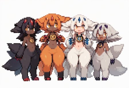 score_9, score_8_up, score_7_up,masterpiece, best_quality, ultra quality,high detail,full body view, whole character view,standing,flat chest, thick thighs, slightly wide hips, big ass, bottom heavy, narrow shoulders,estrus, Expressiveh, correct anatomy, correct hands, correct fingers, correct face, correct eyes, correct mouth,correct hair,happy trail,fluffy hair,fluffy, simple background, white background,Faputa, multiple girls, 5girls, dark skin, dark-skinned girls, white hair, black hair, gray hair, dark-red hair, orange hair, short hair, extra arms, red claws, dark-blue claws, purple claws, black claws, white claws, multiple tails, yellow eyes, white fur, black fur, gray fur, dark-red fur, orange fur, animal ears