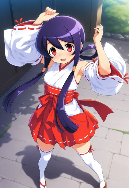 kaidou_akane, purple hair, red eyes, long hair, sidelocks, teenage,
ribbon trim, red ribbon, white detached sleeves, white japanese clothes, red short hakama, red skirt, thighâhigh white socks with frills, miko, zettai ryouiki, sandals
 <lora:kaidou_akane(yajikita douchuuki)_Illustrious-XL-1.1-v1:1>, masterpiece,best quality,amazing quality, 1girl, solo, standing, (dynamic pose) , blush,open mouth,light smile, 
looking at viewer,(upper body, close-up),
(outdoors)