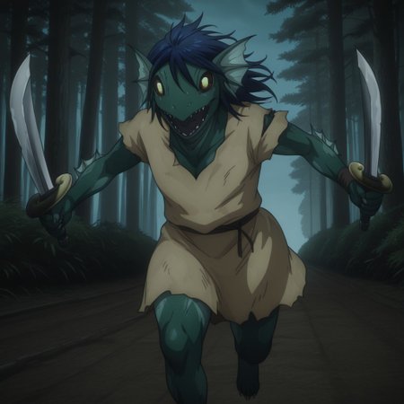 masterpiece, best quality, amazing quality, FishmanslfIL, anthro, green skin, blue hair, head fins, black sclera, yellow eyes, torn clothes,  tan tunic, running, front view, forest, holding daggers, dual wielding