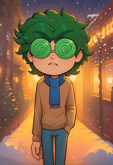 score_9, score_8_up, score_7_up, score_6_up, 13kartVaru,Varu, boy, green spiral glasses, green hair, winter, evening, city, neon light, winter, evening, city, neon light, cinematic lighting, golden hour lighting, volumetric lighting, city streets, hair fluttering in the wind, dynamic lighting,