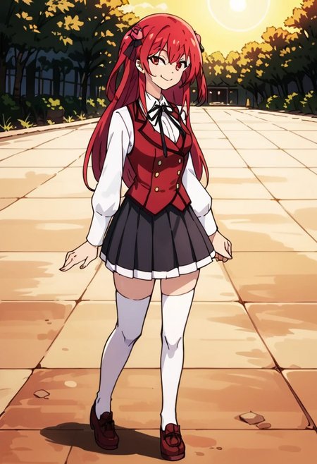 score_9, score_8_up, score_7_up, score_6_up, source_anime, anime coloring, smile, full body, <lora:Amelia_Rose:1> amelia_rose, red hair, solo, red eyes, school uniform, white thighhighs,
walking by the street of small village, 3/4 side view, wide smile, winking,  looking at viewer, full body view, close view, sexy pose, beautiful background, sun rays