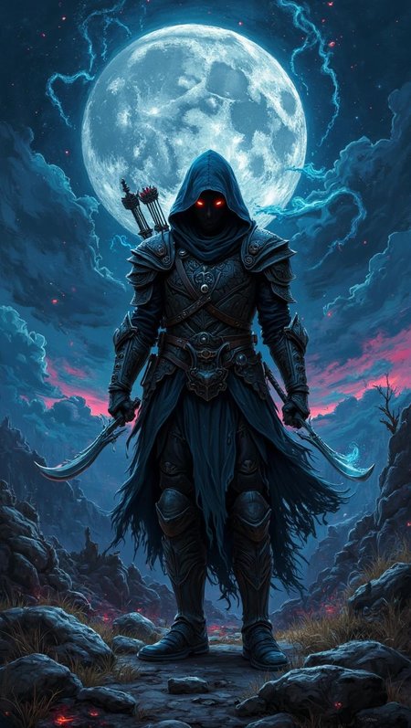 <lora:pixa_atyle-000001.safetensors:1> pixa style,champions,cute
In the heart of a desolate, moonlit landscape, a shadowy figure stands, cloaked in an aura of enigmatic power. The figure, a seasoned warrior in their late 30s, is dressed in ornate, dark armor that glistens under the moon's ethereal glow. The armor, crafted from materials unknown, is adorned with intricate, flowing patterns and ornate flourishes, each detail a testament to the artistry and magic that infuse it.
Their head is shrouded in a deep, flowing hood, casting a shadow that obscures their face. Two glowing, piercing red eyes are the only visible features, emanating a sinister and commanding presence. The hood drapes gracefully over the shoulders, adding to the figure's enigmatic silhouette. A quiver of arrows rests on their back, and a bow is slung across their chest, marking them as a skilled archer or hunter.
In each hand, the figure wields a sleek, sharp sword, held with a relaxed yet poised grip, ready for action. The blades catch the moonlight, reflecting a cold, shimmering brilliance that underscores their lethal potential. The warrior's stance is confident and balanced, feet firmly planted on the rugged terrain of rocks and sparse, windswept grass.
The ground beneath them is a mosaic of rough stones and withered vegetation, bathed in the cool, silvery light of the full moon. Above, the sky is a canvas of stark, fiery hues, a vivid contrast to the cool tones below. Ethereal wisps of glowing energy swirl around the figure, blending seamlessly into the night sky. These swirling tendrils of light enhance the mystical and otherworldly atmosphere, casting the warrior in a realm of enchantment and foreboding.
The entire scene is a harmonious blend of vivid jewel tones—teal, magenta, and gold—set against a dark, shadowy background. The contrast of light and dark, the intricate details, and the gentle, flowing textures create a dreamscape that is both mesmerizing and haunting, a perfect encapsulation of the warrior's powerful and mysterious essence.