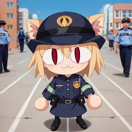 score_9. score_8_up, source_anime, animeirl, <lora:police_pony_V1.0:0.8> police, police uniform, multiple person,  necoarc, chibi, blonde hair, red eyes, slit pupils, cat ears, :3,   guiding viewer on road <lora:necoarc-guy-PONYv1_1:1> <lora:Animeirl v3 GLoRA PDXL Anzhc:0.7>