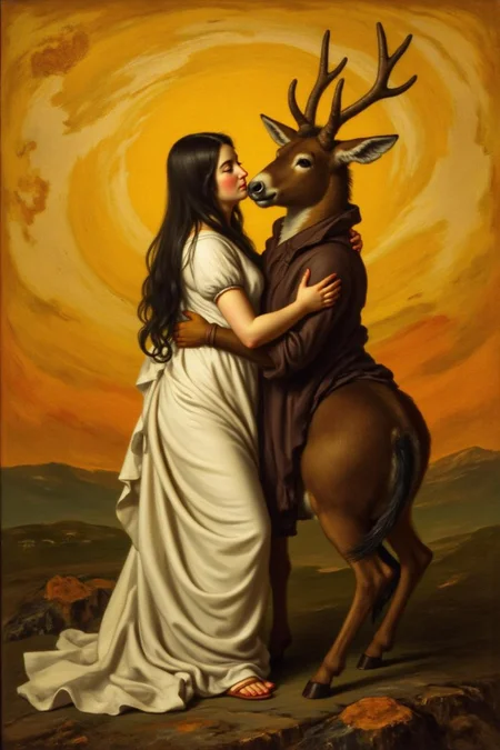 jldavid1 painting
A surreal, dreamlike scene with a woman and an anthropomorphic donkey embracing. The woman, with long, straight, dark hair, is dressed in a flowing white gown, symbolizing purity and innocence. She has a serene expression, with her eyes closed. The anthropomorphic donkey, is dressed in a dark brown coat, his face blending into the deer's body. He has a gentle, almost protective expression. They are standing in a stylized, abstract landscape. The background features a vibrant, swirling pattern of yellows and oranges, suggesting a sunset or a dreamy sky.  <lora:jldavid1_cap_d6a3:1.0><lora:815770016717737995:0>
