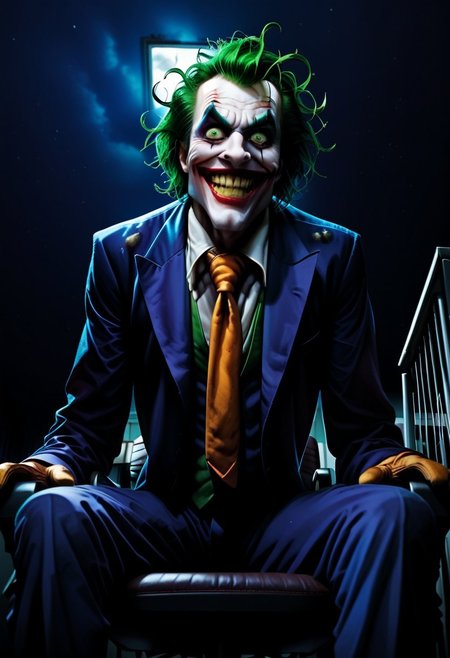 Score_9, score_8_up, score_7_up, rating_explicit, uncensored,  
Break, 
the joker, 1boy, solo, green hair, suit, smile, formal, necktie, gloves, green eyes, messy hair,
Break,
Joker outfit
Break, 
(sitting on office chair:1.4), (leaning forward:1.4)
Break, 
(below view:1.5), (crazy expression:1.3), (crazy eyes;1.3), 
Break,
(Dark jail background:1.5), 
Break,
(Painstakingly detailed:1.5), (8KHD), (professional artwork:1.4), (amazingly realistic:1.4) 
Break,
(dark dramatic lighting:1.2), (night time:1.5), dramatic chiaroscuro lighting, 
Break, 
easynegative, ng_deepnegative_v1_75t, Expressiveh, verybadimagenegative_v1.3, Cinematic Hollywood Film Style