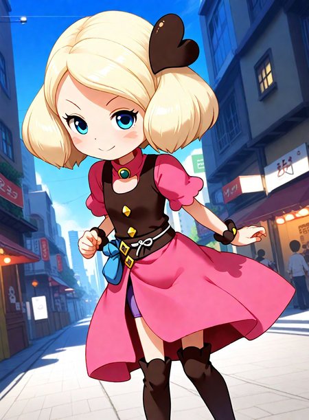 <lora:Hyper-SDXL-8steps-lora:1> <lora:Fixhands_anime_bdsqlsz_V1:1>score_9, score_8_up, score_7_up, source_anime, intricate details, perfect anatomy BREAK
1girl, sw-mayone, blonde hair, short hair, heart hair ornament, blure eyes, blush stickers, pink dress, brown vest, sw-mayone outfit, purple bike shorts, brown thigh boots, 
dynamic pose, Sensual, A deep, intense gaze, a slow, deliberate smile, and a relaxed posture.,
outdoors, city, tokyo, 
<lora:sw-mayone_XL(pony)v11:1>