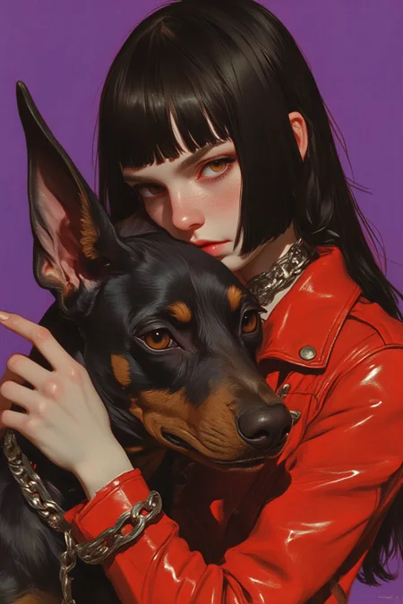 A highly detailed digital painting of a young woman with long, sleek, straight black hair and bangs, styled with a sharp side part, wearing a vibrant red leather jacket. Her pale skin and sharp features are emphasized by subtle makeup—dark eyeliner and bold red lipstick—complementing her intense, confident expression as she gazes off to the side. A thick, metallic chain leash, wrapped tightly around her wrist, connects her to a muscular black Doberman Pinscher positioned slightly behind her. The dog’s glossy coat shines under soft lighting, and its calm, attentive gaze toward her contrasts with her commanding aura. The background is a solid, bright purple that heightens the dramatic mood and creates a striking contrast with the rich red of her jacket and the deep black of the dog. Her choker necklace adds a touch of edginess to her look, reinforcing the painting's moody, powerful atmosphere. The three-quarter pose of the woman, combined with the dog’s turned head, creates a dynamic composition that exudes strength and control. The textures of the leather jacket, the sleekness of her hair, and the fine details of the dog’s fur are rendered with stunning realism, showcasing the artist’s precision. The painting conveys a sense of unspoken bond and dominance, with bold colors and high-contrast lighting enhancing its intensity. Signed discreetly in the bottom right corner, this work captures a harmonious balance of authority and elegance.