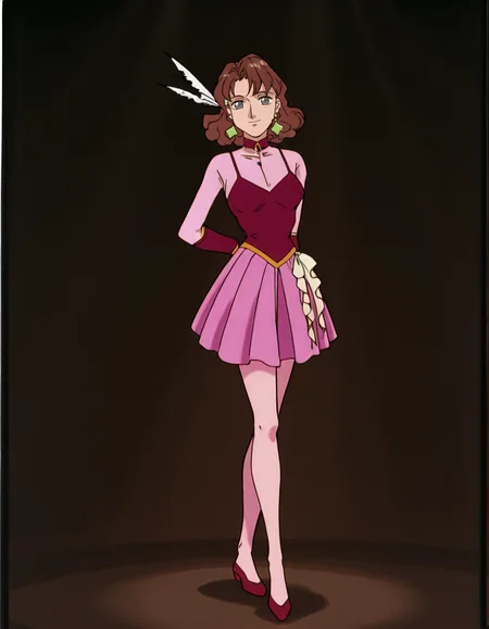 <lora:CatherineBIllustrious1.1JLFO:1> catherine, 1girl, brown hair, 1990s, retro artstyle, solo, pink shirt, short hair, breasts, red camisole,pink dress, pantyhose,feather hair ornament,   looking at viewer, grey eyes, choker, jewelry, earrings,smile, simple background,, looking at viewer,red footwear, full body,