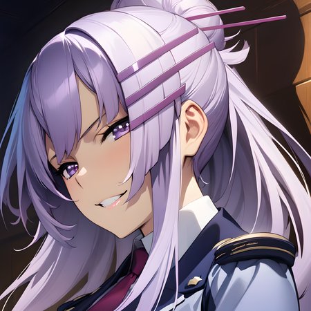 (masterpiece),(best quality),(ultra-detailed),(best illustration),(best shadow),(absurdres),(detailed background),(very aesthetic), frolaytia capistrano, 1girl, solo, hair ornament, long hair, purple eyes, teeth, purple hair, seductive smile, hairclip, uniform,  portrait<lora:frolaytia:1>