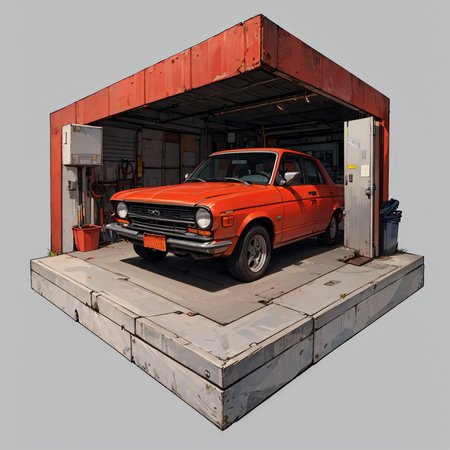 hexagonal composition, woman, garage, car, wrench, car repairs, long red hair, grease on shirt, simple background  <lora:hexagon_composition_03:0.6>