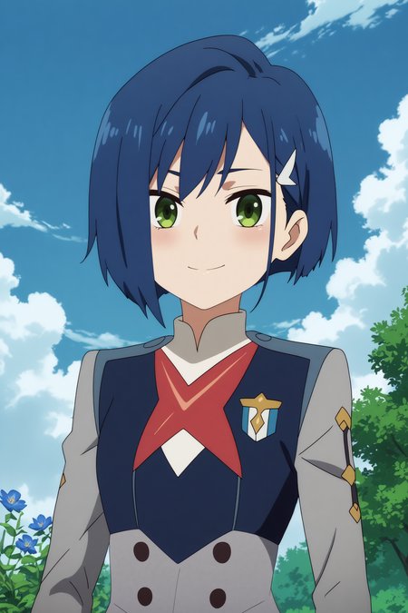 ichigo,1girl,solo,short hair,uniform,military_uniform,military,hair ornament,hairclip,looking at viewer,light smile,upper body BREAK outdoors,blue sky,cloudy_sky,blue flower,blue theme  <lora:Ichigo_-_Darling_in_the_franxx.safetensors:0.8> <lora:detailed_backgrounds_v2.safetensors:0.5>