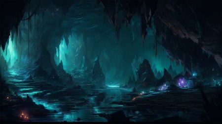 (a vast wide underground grotto:1.2), (extreme long shot:1.1), large mushrooms, (glowing:.7) moss, (dripping water:.2), rock walls, leading down, underground environment, limestone, stalactites, stalagmites, fog, ominous, dark atmosphere, horror, cinematic lighting, (dim lighting:1.2), (ravine:1.2), deep shadows, plant roots, humid, rough uneven terrain, rock wall in foreground,  <lora:FantasyLandscape:.6>,  <lora:epi_noiseoffset2:.4>, art by evan cagle and greg rutkowski,