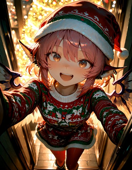 Christmas, dress, red pantyhose ,santa_hat ,Christmas sweater,
1girl, solo,   mystia_lorelei, soft lighting , pov, smile, :d ,from_above 
masterpiece, best quality, amazing quality, very aesthetic, absurdres,  newest, (volumetric lighting),
<lora:world_christmassweater:0.5>,<lora:cfg_scale_boost:0.5>, <lora:ponyv5_noobE11_1_adamW:0.5>, <lora:illustrious_noobai_epsilon_pred_1_best_quality_v1:0.5> ,<lora:illustrious_noobai_epsilon_pred_1_masterpieces_v1:0.5> ,<lora:illustrious_noobai_epsilon_pred_11_very_aesthetic_v1:0.5>