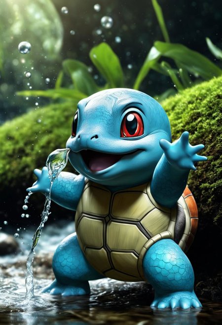 (masterpiece),
Squirtle in the nature,
water from his mouth,
dim light, cute, splash, 
ultra realistic, HDR, intricate details,
