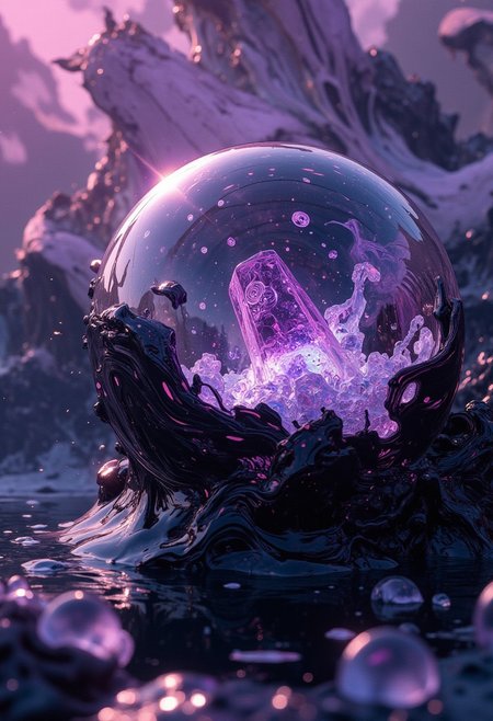 close-up of a glass orb partially submerged in rippling ink-black liquid, inside the orb swirling translucent filaments of violet and white light, suspended tiny crystalline shards slowly rotating, surface of the orb etched with microscopic fractal glyphs, soft reflections of neon circuitry patterns around the edges, scattered droplets frozen mid-air, the background morphing into abstract flowing silk folds of muted purple and carbon grey, gentle mist rising with faint luminescent sparkles, hyper-detailed material rendering, extreme focus on textural contrast between smooth glass, liquid turbulence, and hard-edged crystals, cinematic glow, subtle lens flare on highlights, slow surreal motion.